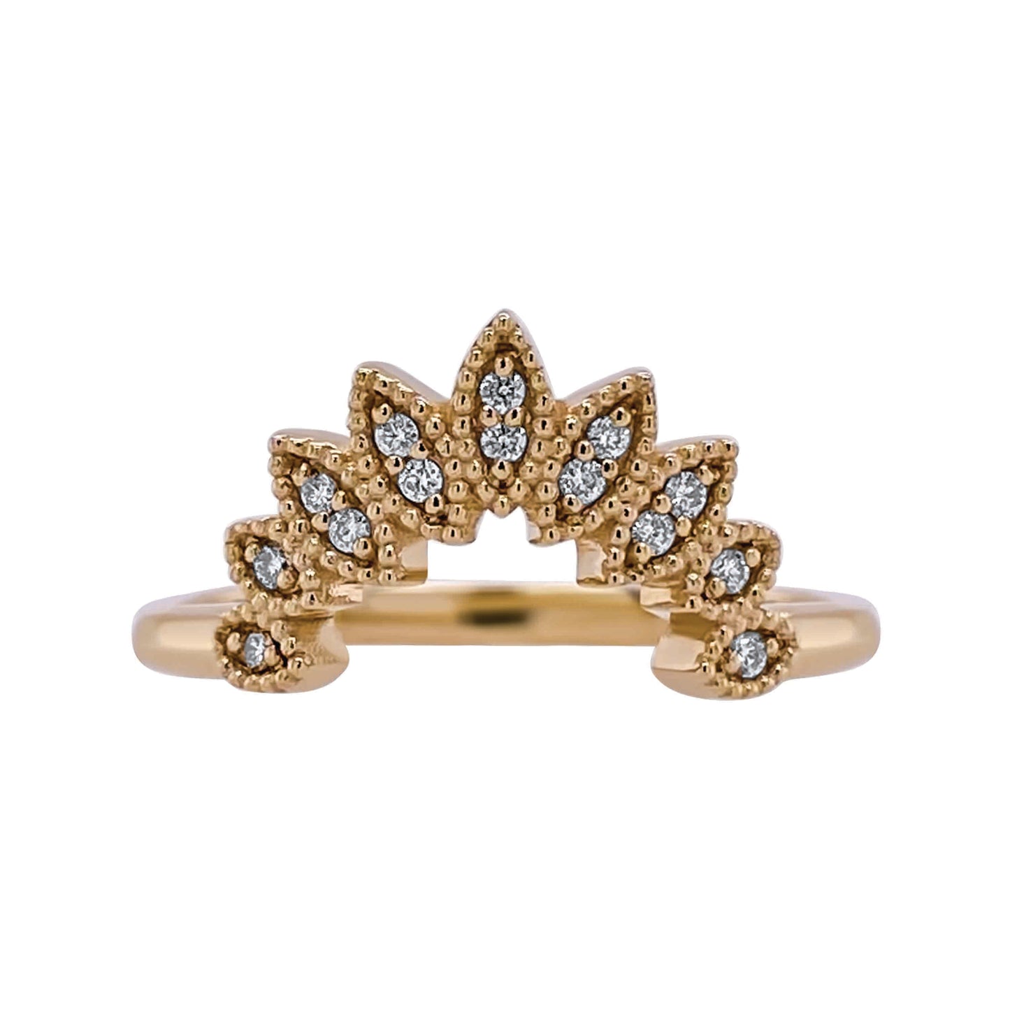 Design:  Delicate, vintage inspired and perfectly designed to frame any solitaire engagement ring with a leafy crown.   Details:  14K gold 0.04c total diamond weight Band approx. 1.8mm wide Miligrain leaves Low Profile Stacks with solitaires   