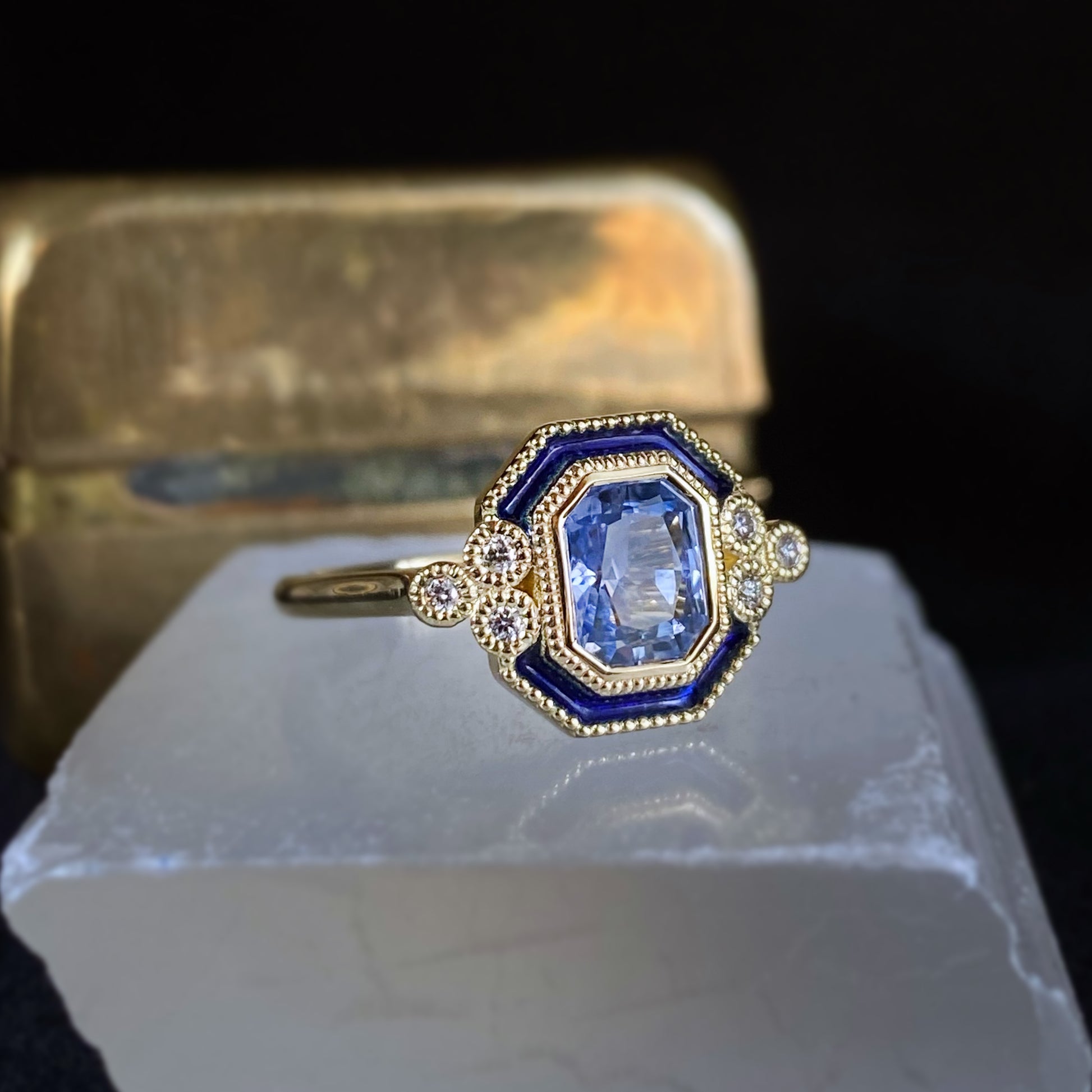 Mazarine Light Blue Sapphire 18K Yellow Gold Ring Blue Enamel Diamonds Cathedral Setting