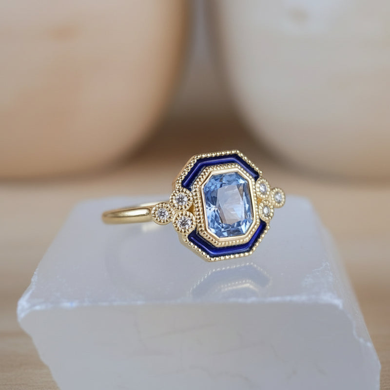 Mazarine Light Blue Sapphire 18K Yellow Gold Ring Blue Enamel Diamonds Cathedral Setting