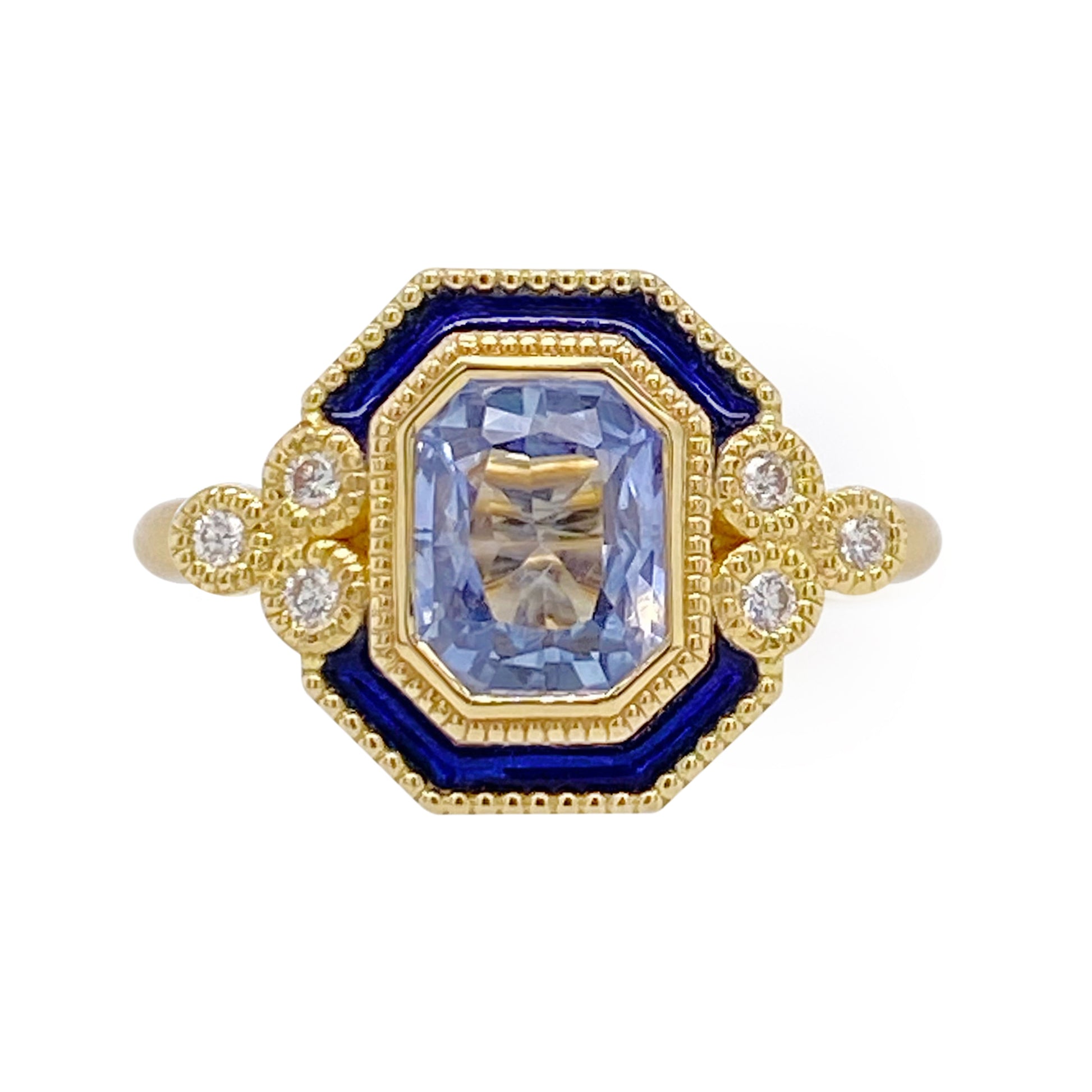 Mazarine Light Blue Sapphire Ring 18K yellow gold blue enamel diamonds