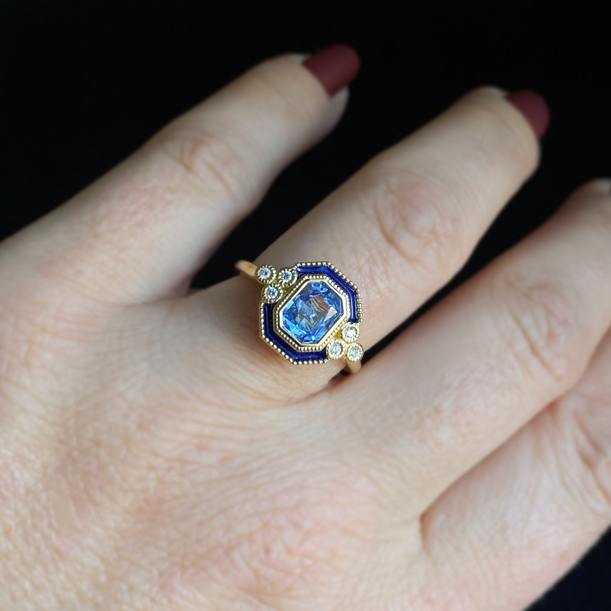 Mazarine Light Blue Sapphire 18K Yellow Gold Ring Blue Enamel Diamonds Cathedral Setting On The Hand Size 7