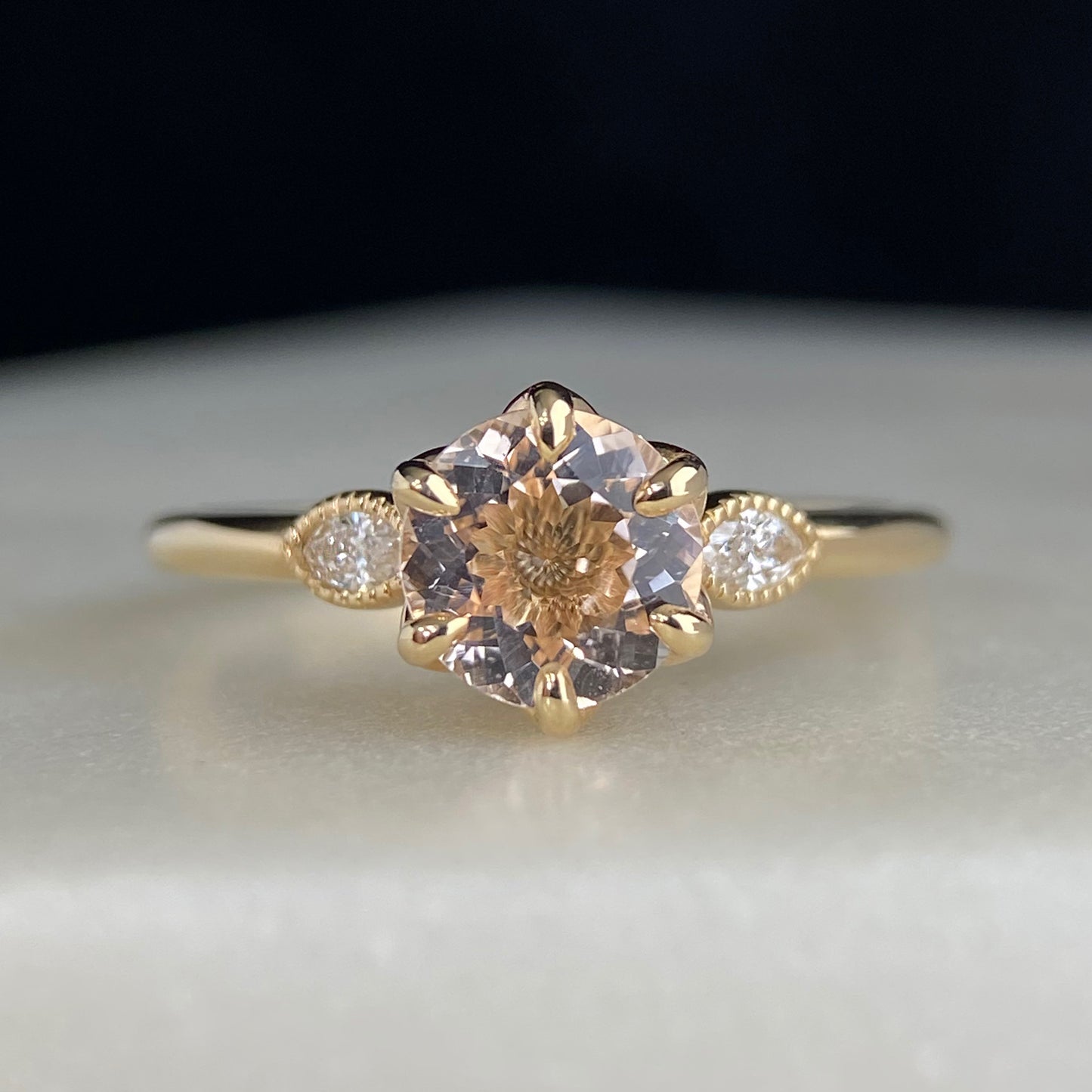 Romantic Morganite Tulip Engagement Ring Marquise Diamond Accents Vintage Style Miligrain 14K yellow gold