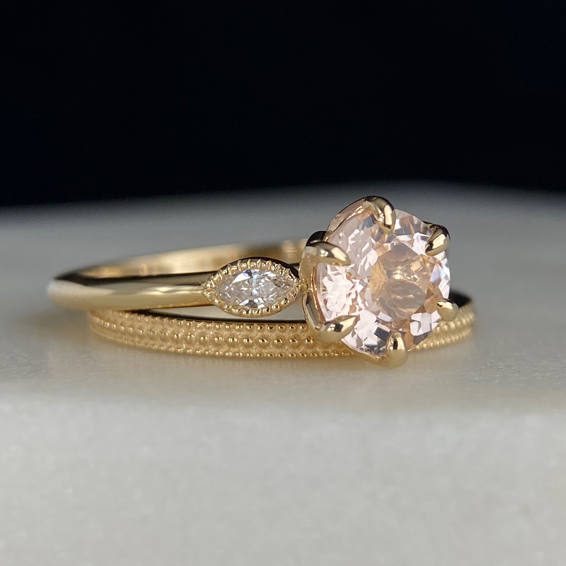 Romantic Morganite Tulip Engagement Ring Marquise Diamond Accents Vintage Style Miligrain 14K yellow gold