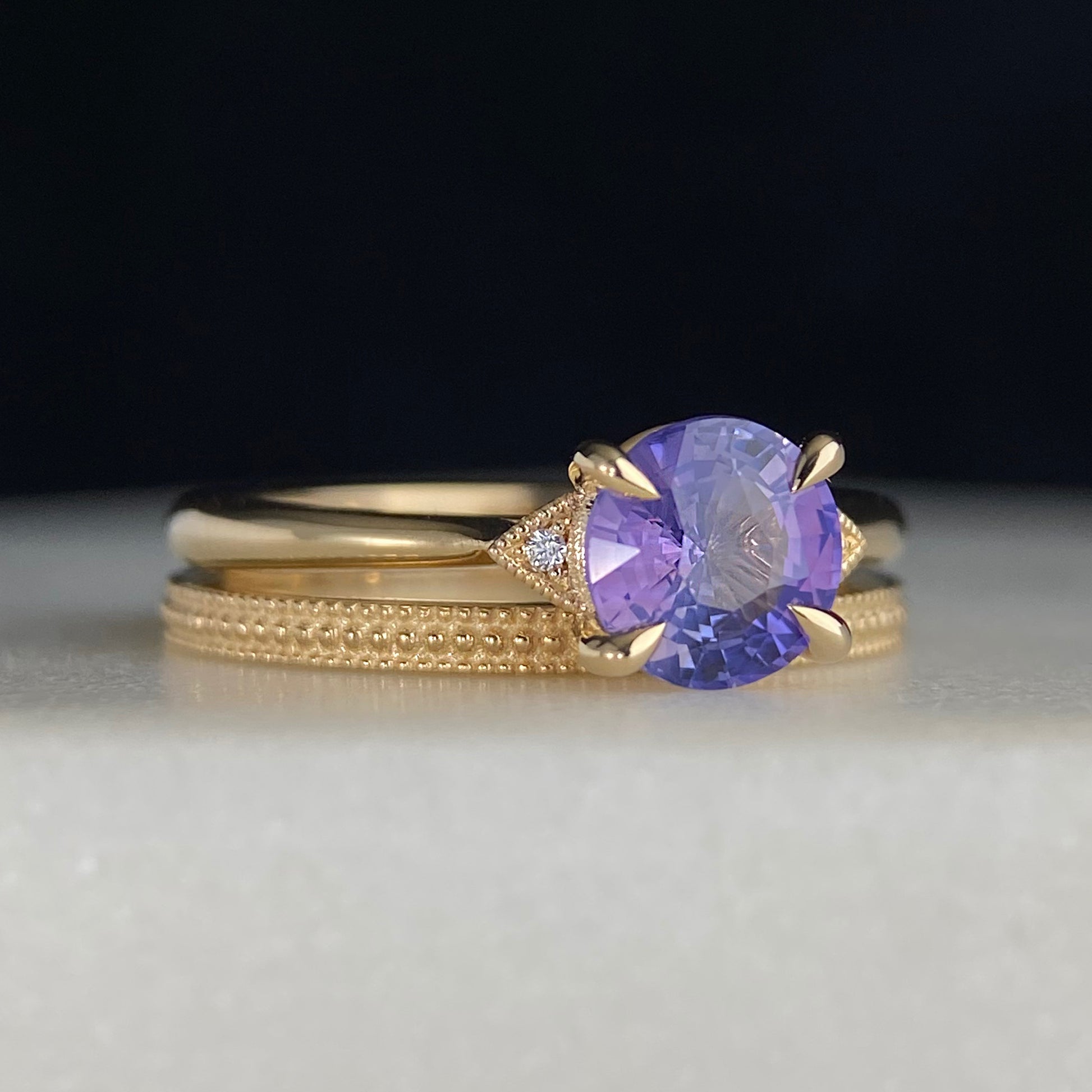 Silky Purple Sapphire Accented with diamonds and miligrain 14K yellow gold engagement ring