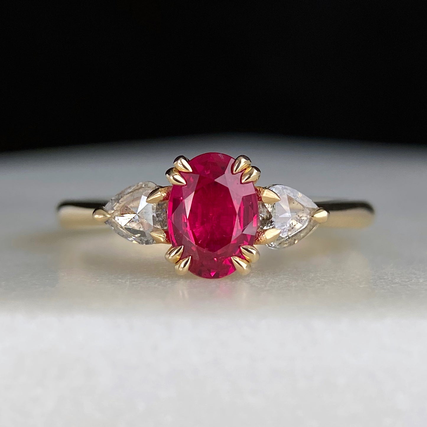 Oval Red Ruby Pear Diamond Rosecut Double Prong Engagement Ring 14K yellow gold