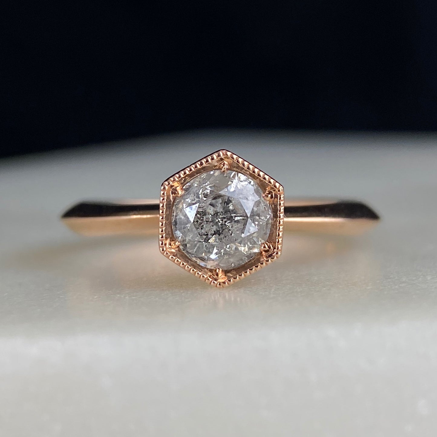 Vintage Miligrain Hexagon Style Engagement Ring Salt and Pepper Diamond 14K Rose Gold