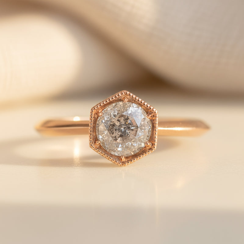 Vintage Miligrain Hexagon Style Engagement Ring Salt and Pepper Diamond 14K Rose Gold
