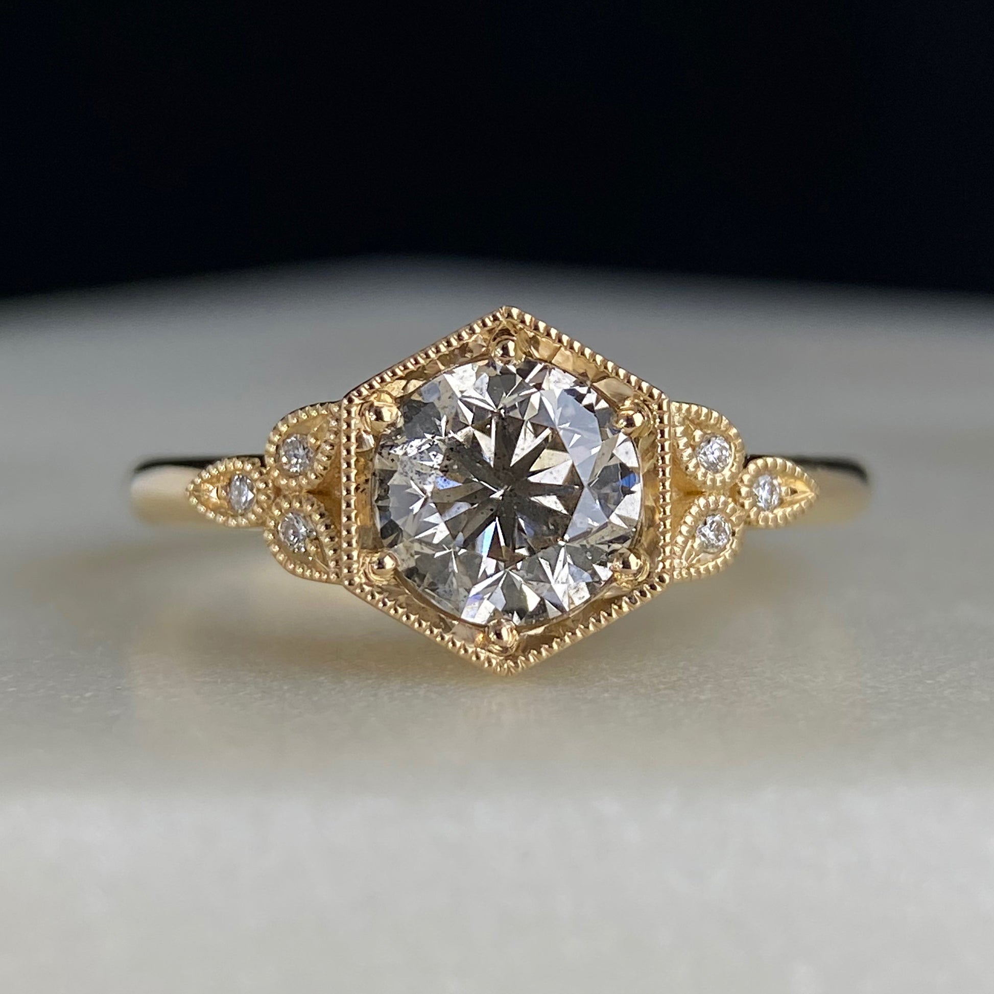 Vintage Style Hexagon Diamond Miligrain Engagement Ring 14K yellow gold