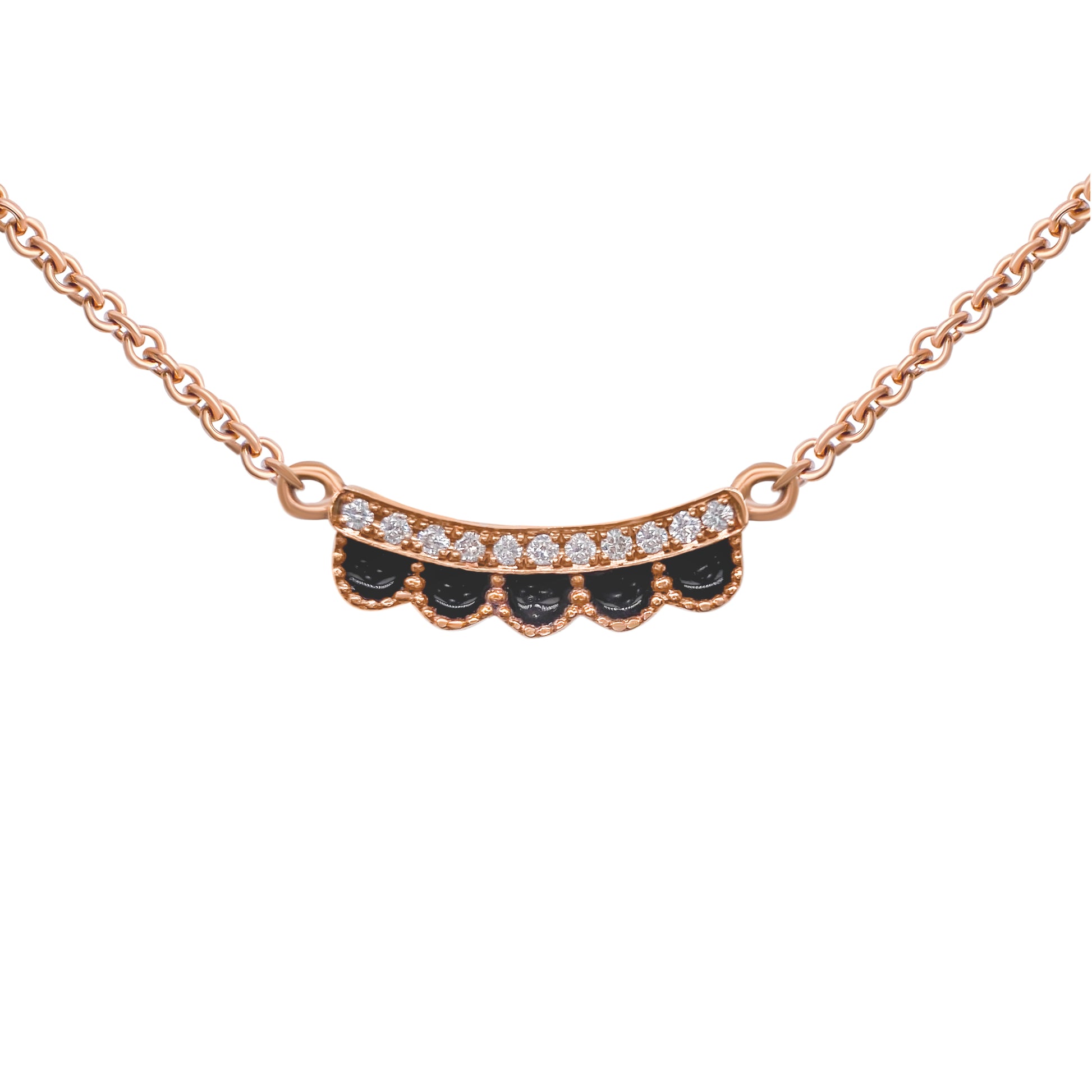 Scallop detail enamel and diamond necklace in rose gold