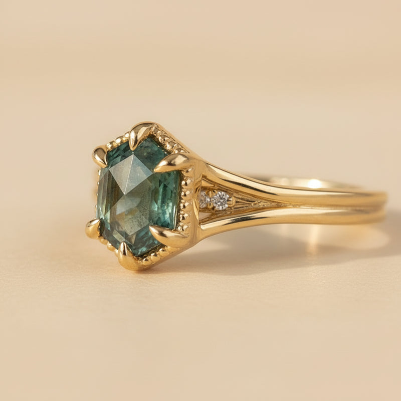 Rosecut Hexagon Parti Sapphire Split Shank Engagement Ring 14K yellow gold