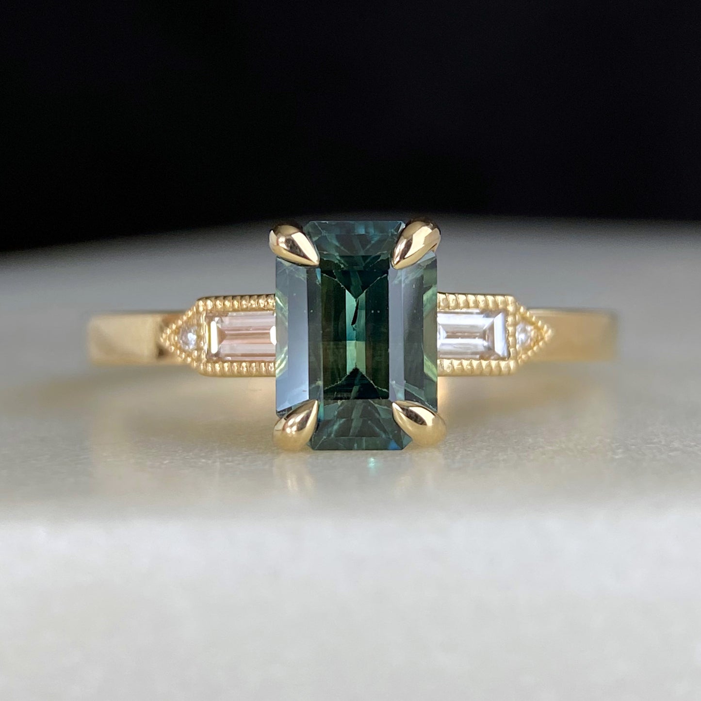 Emerald Cut Blue Green Mermaid Parti Sapphire Miligrain Accented Lab Diamond Baguette Engagement Ring 14K yellow gold