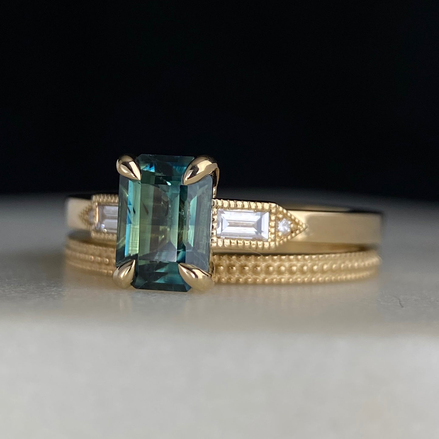 Emerald Cut Blue Green Mermaid Parti Sapphire Miligrain Accented Lab Diamond Baguette Engagement Ring 14K yellow gold