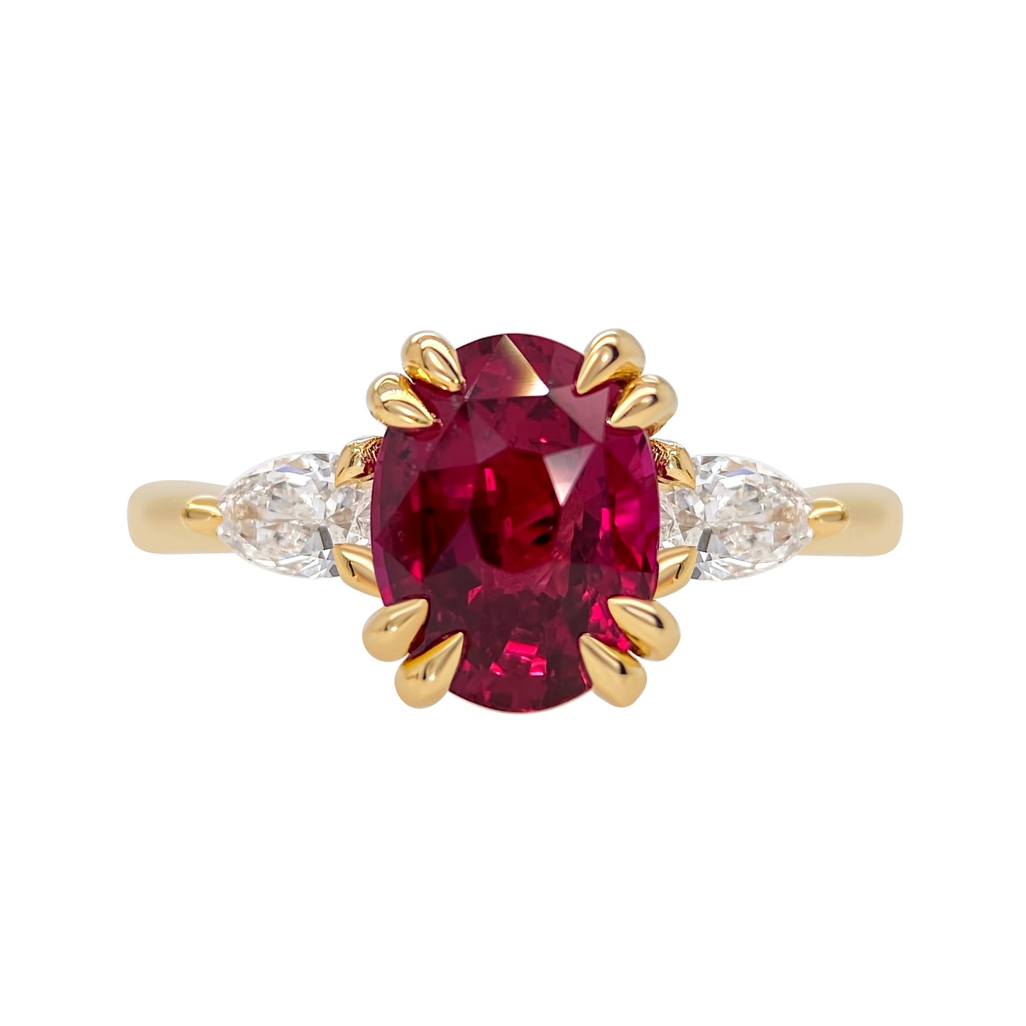 Mozambique Ruby Oval Double Claw Canadian DIamond Pear Shape Engagement Ring 14K yellow gold