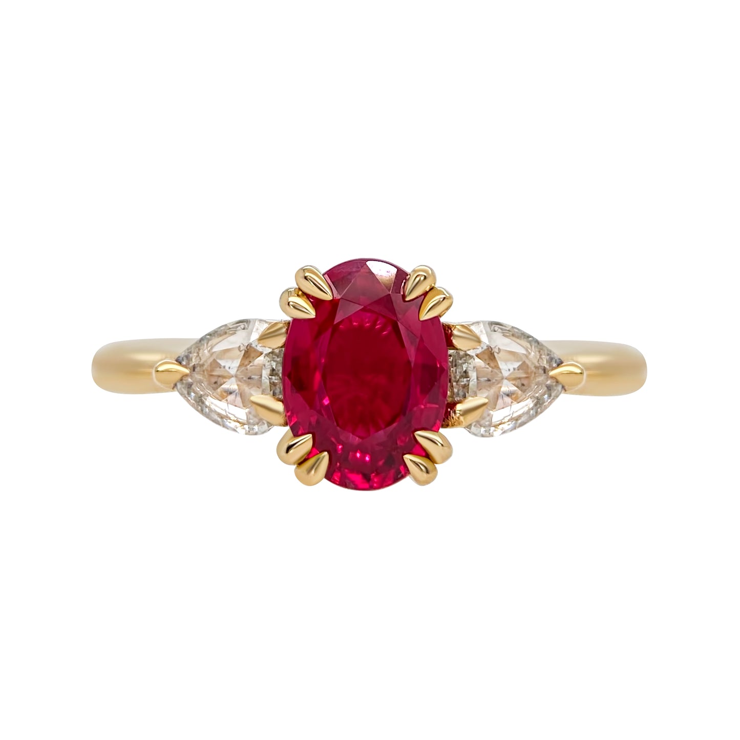 Oval Red Ruby Pear Diamond Rosecut Double Prong Engagement Ring 14K yellow gold