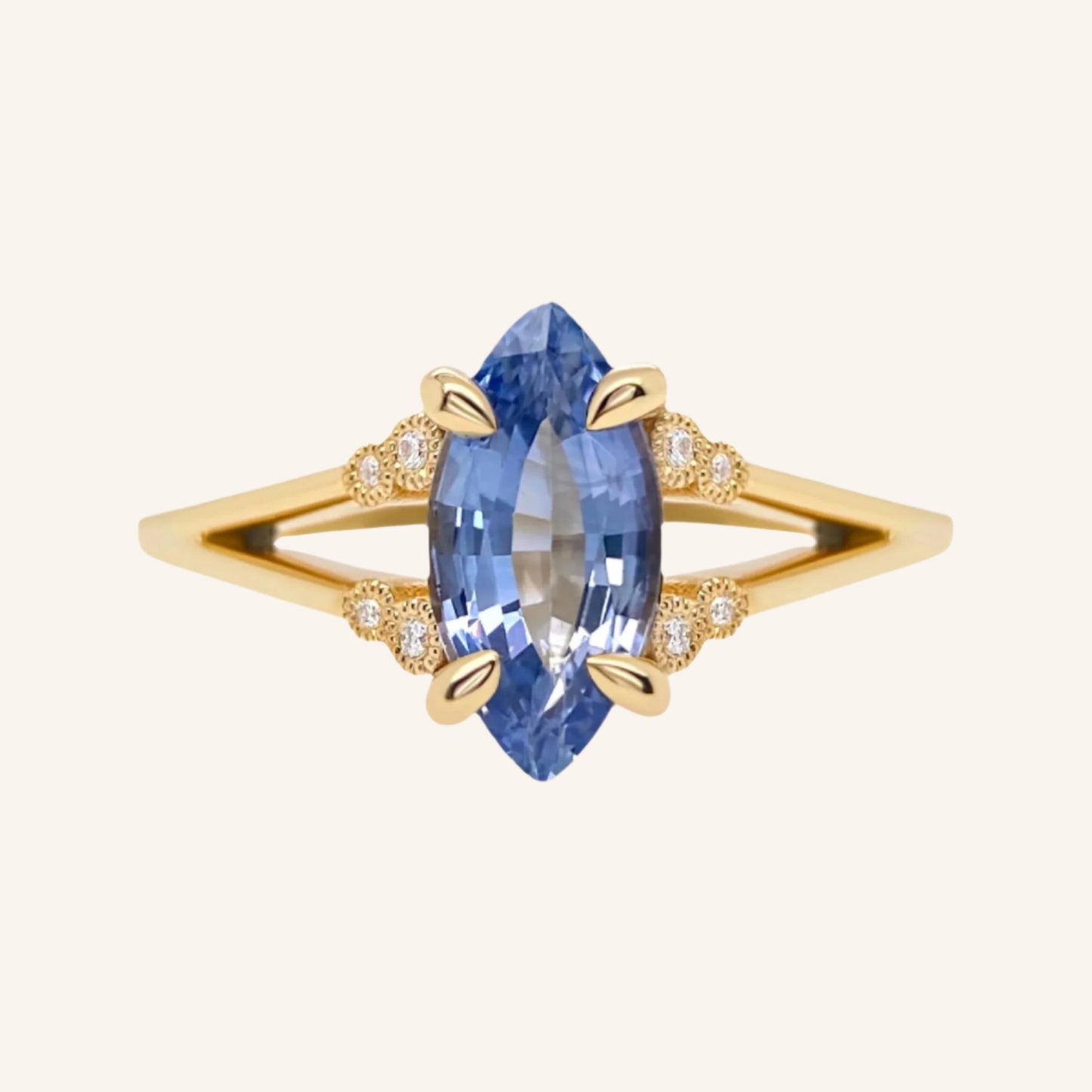 Blue Marquise Sapphire Diamond Miligrain Accented Split Shank Engagement Ring 14K yellow gold