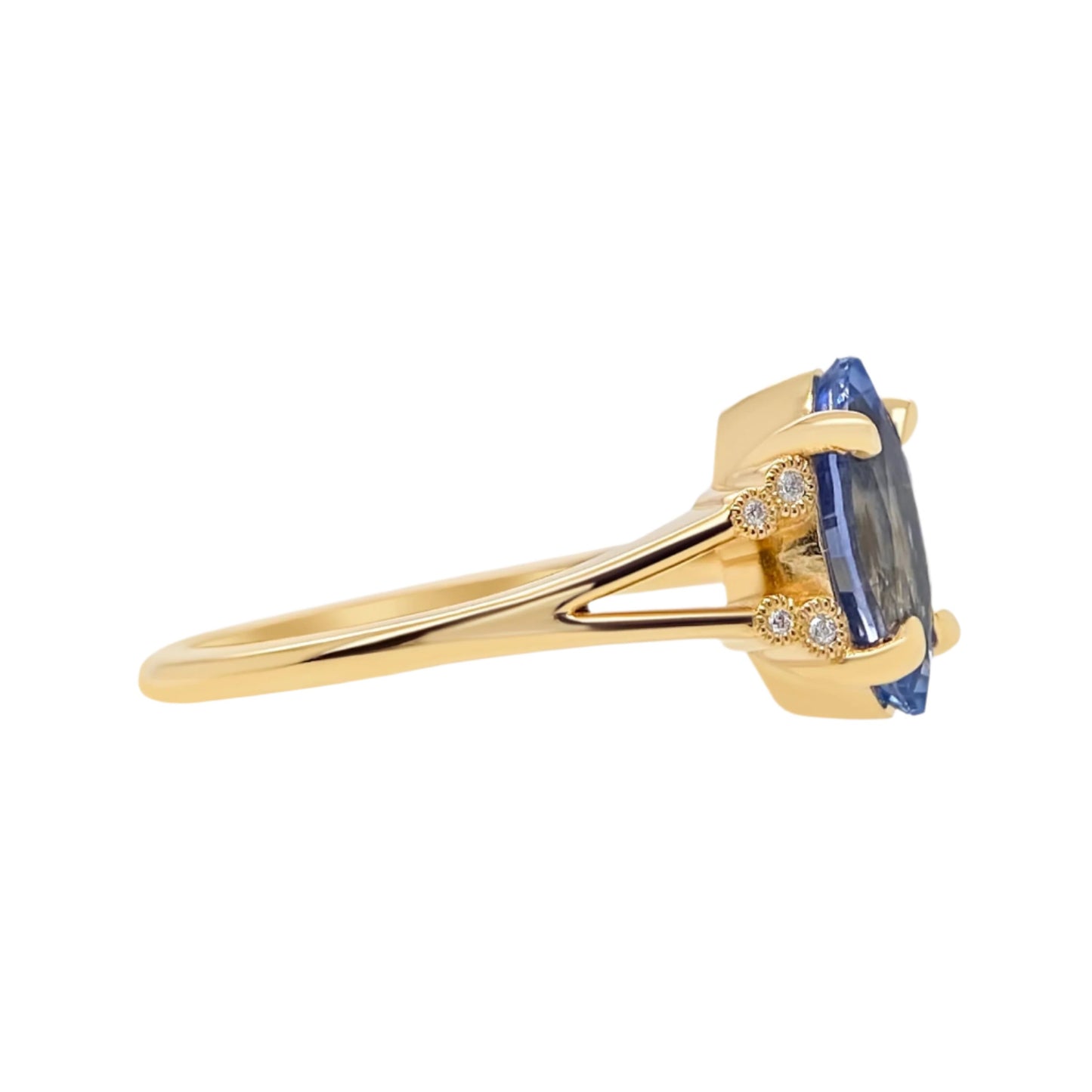 Blue Marquise Sapphire Diamond Miligrain Accented Split Shank Engagement Ring 14K yellow gold