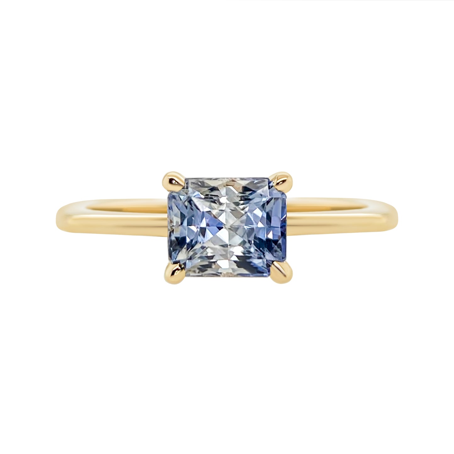 Blue Parti Color Radiant Cut Sapphire Engagement Ring East West Solitaire 14K yellow gold