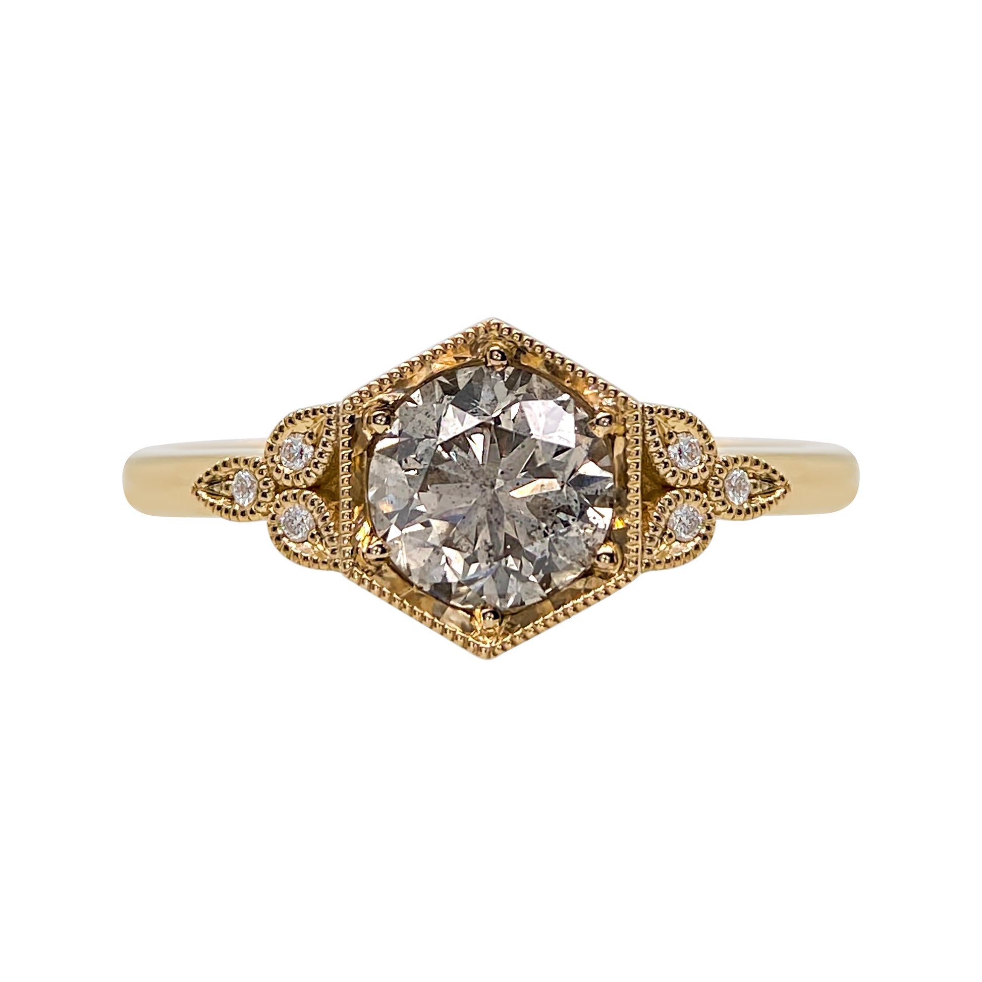 Vintage Style Hexagon Diamond Miligrain Engagement Ring 14K yellow gold