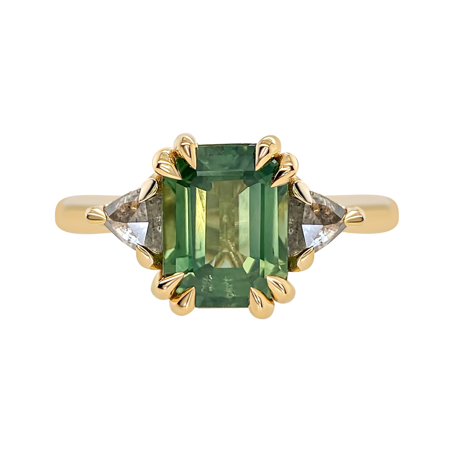 Emerald Cut Australian Green Sapphire with Salt and Pepper Trillion Diamond Accents Double Claw Engagement Ring 14K yellow gold