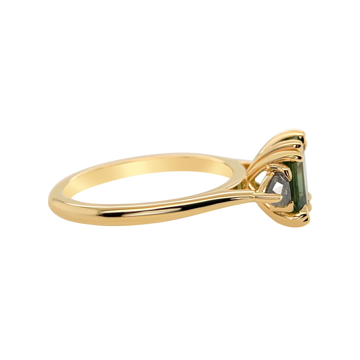 Emerald Cut Australian Green Sapphire with Salt and Pepper Trillion Diamond Accents Double Claw Engagement Ring 14K yellow gold