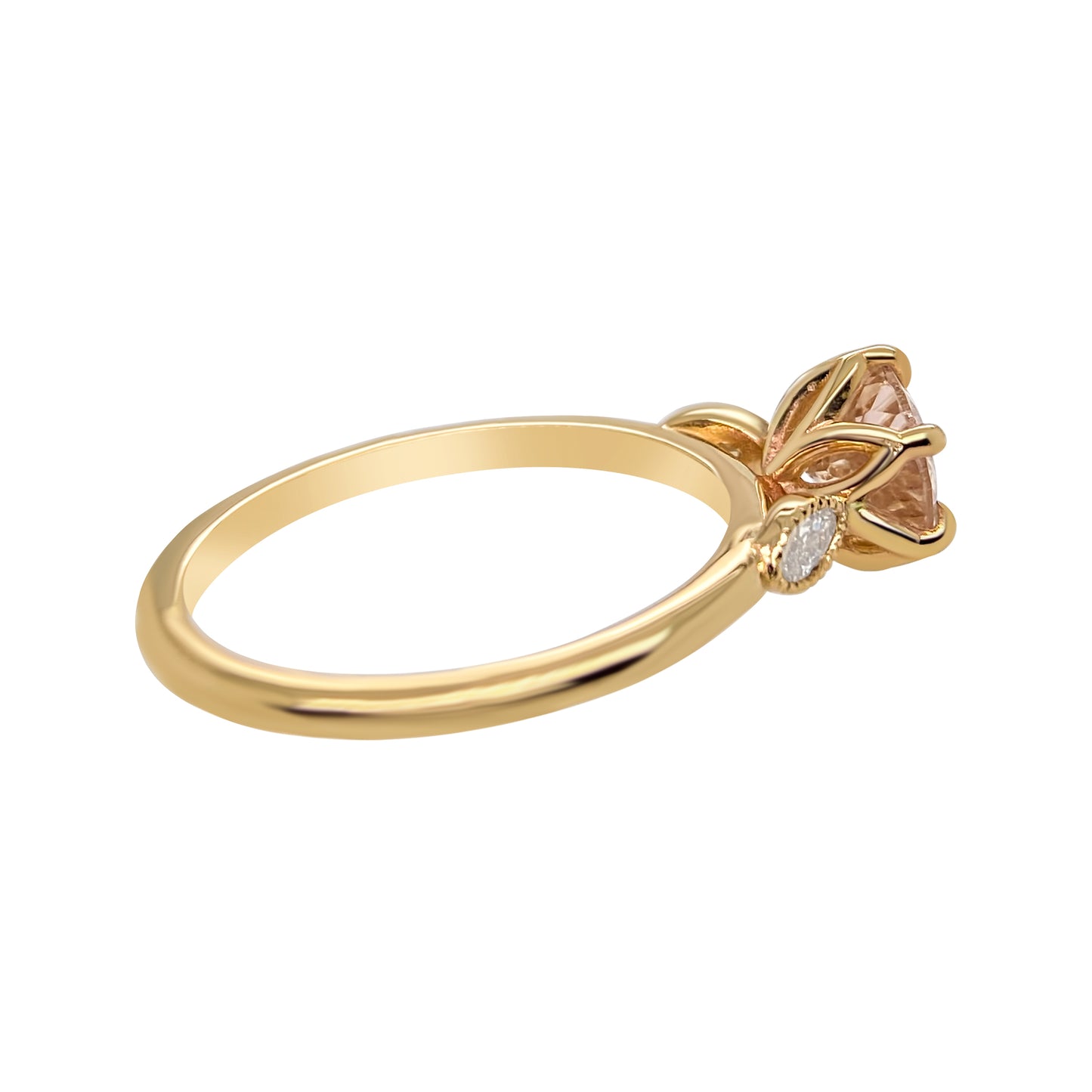 Romantic Morganite Tulip Engagement Ring Marquise Diamond Accents Vintage Style Miligrain 14K yellow gold