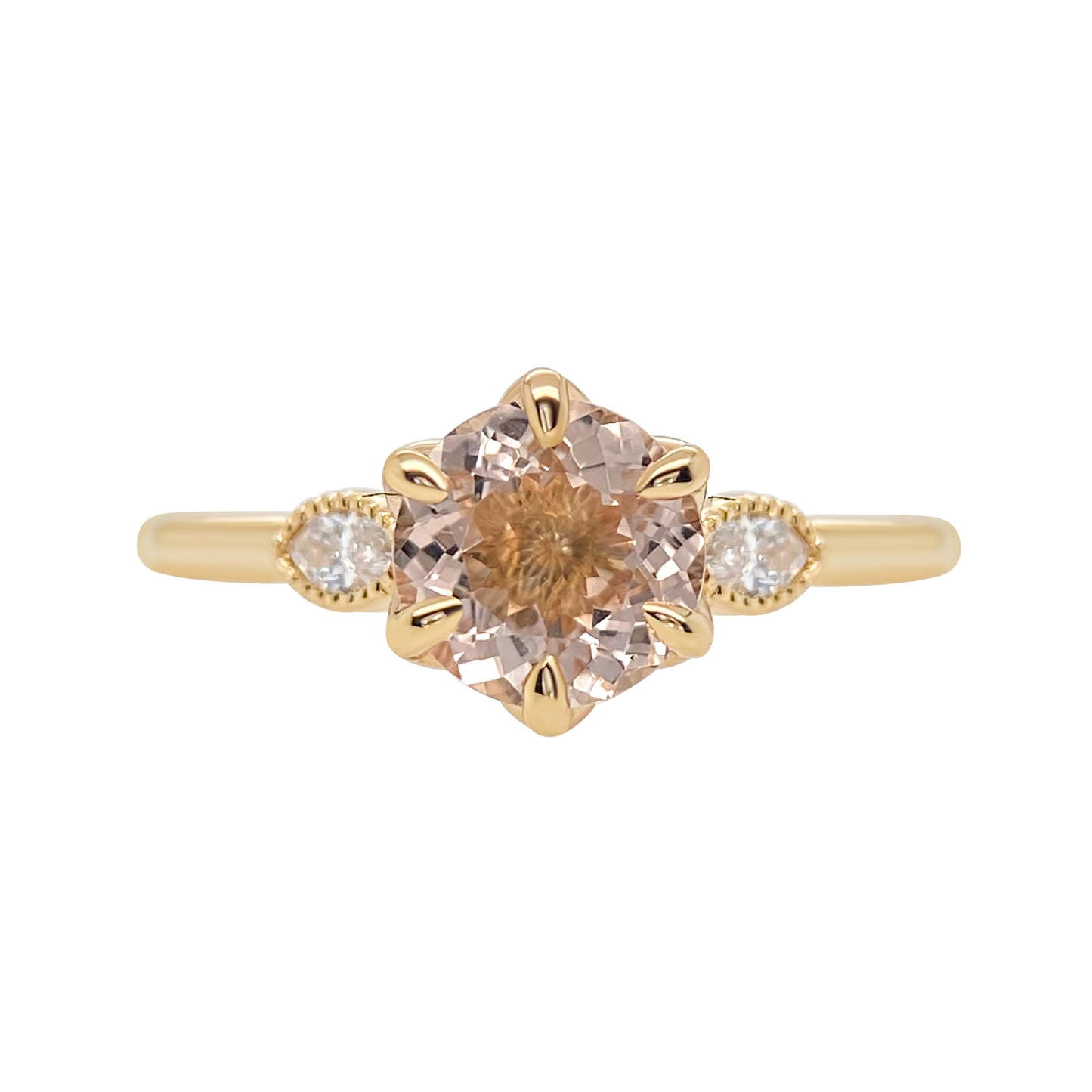 Romantic Morganite Tulip Engagement Ring Marquise Diamond Accents Vintage Style Miligrain 14K yellow gold