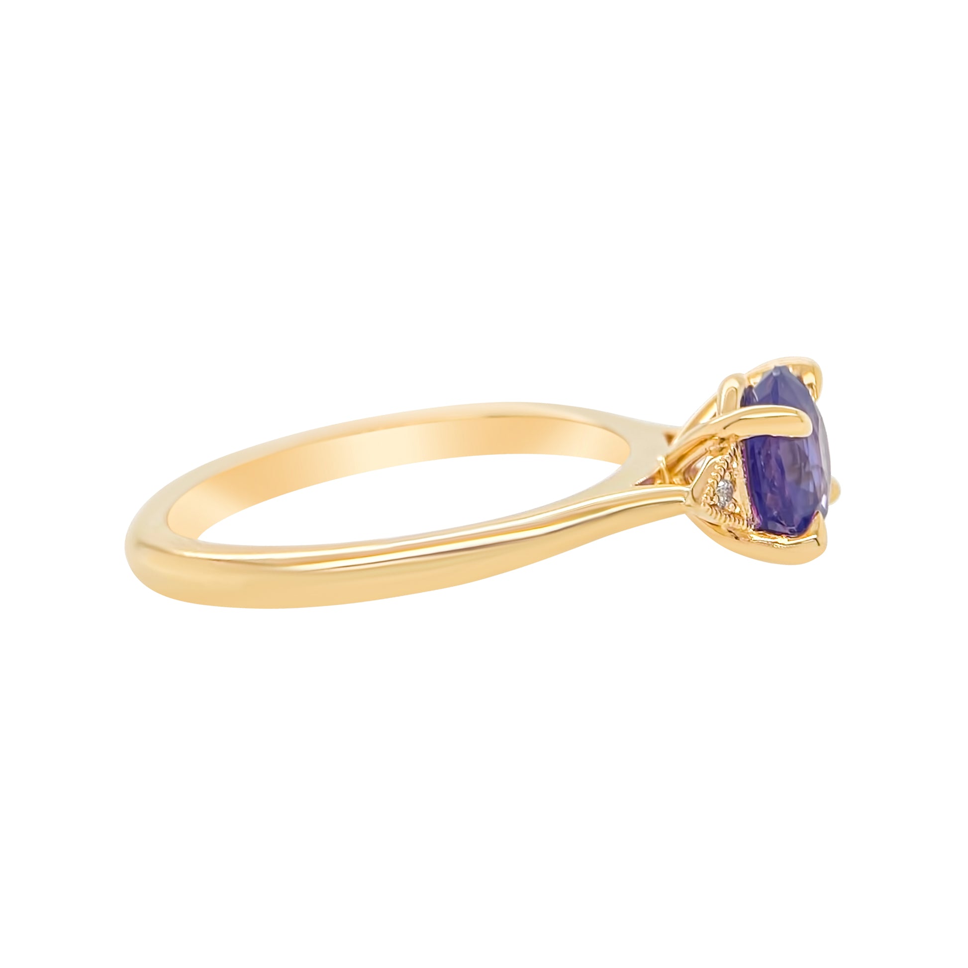 Silky Purple Sapphire Accented with diamonds and miligrain 14K yellow gold engagement ring