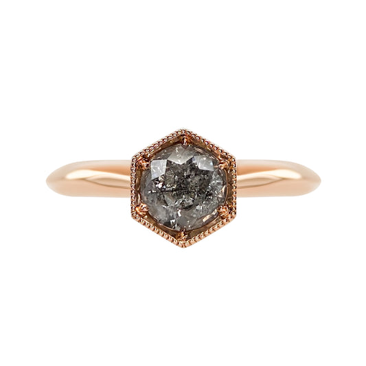 Vintage Miligrain Hexagon Style Engagement Ring Salt and Pepper Diamond 14K Rose Gold