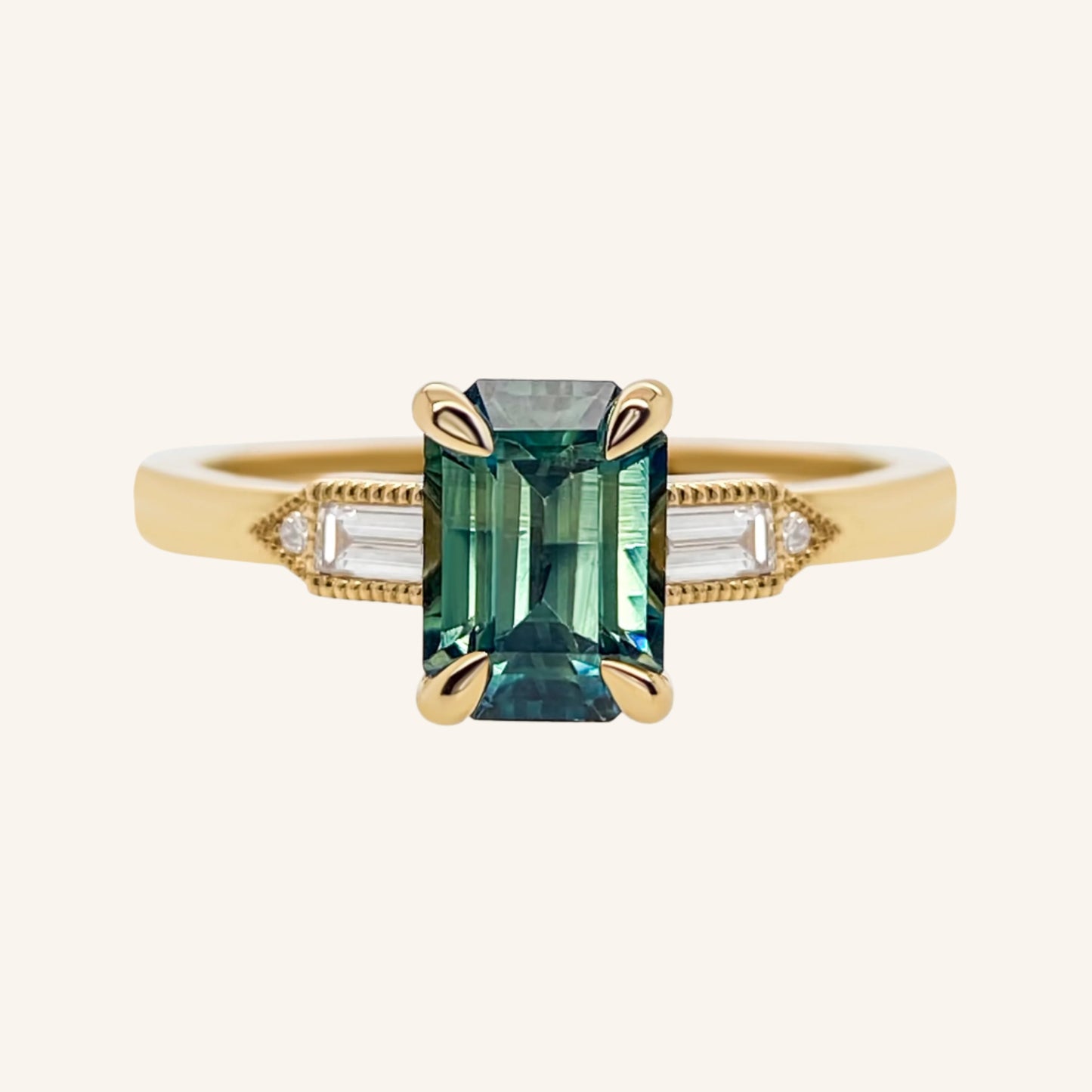 Emerald Cut Blue Green Mermaid Parti Sapphire Miligrain Accented Lab Diamond Baguette Engagement Ring 14K yellow gold